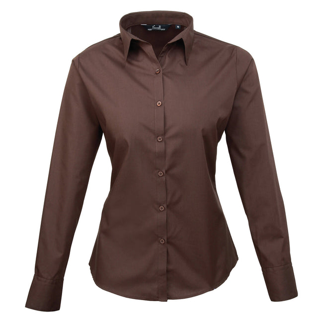 Brown - Front - Premier Womens-Ladies Poplin Long-Sleeved Blouse