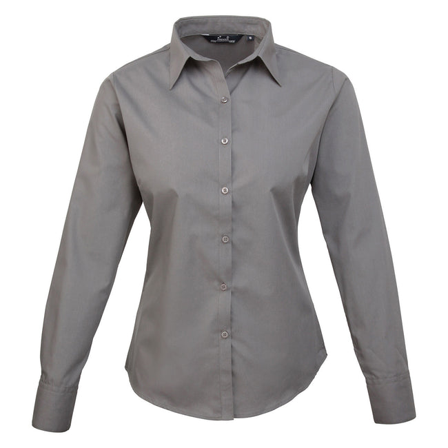 Dark Grey - Front - Premier Womens-Ladies Poplin Long-Sleeved Blouse