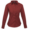 Burgundy - Front - Premier Womens-Ladies Poplin Long Sleeve Blouse - Plain Work Shirt