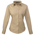 Khaki - Front - Premier Womens-Ladies Poplin Long Sleeve Blouse - Plain Work Shirt