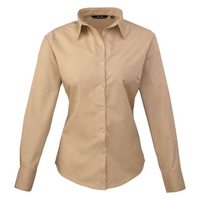 Khaki - Front - Premier Womens-Ladies Poplin Long-Sleeved Blouse