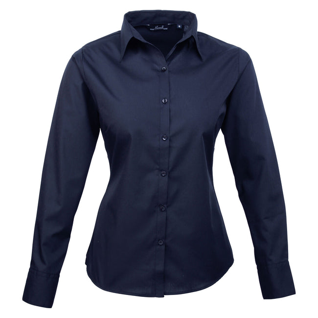 Navy - Front - Premier Womens-Ladies Poplin Long-Sleeved Blouse