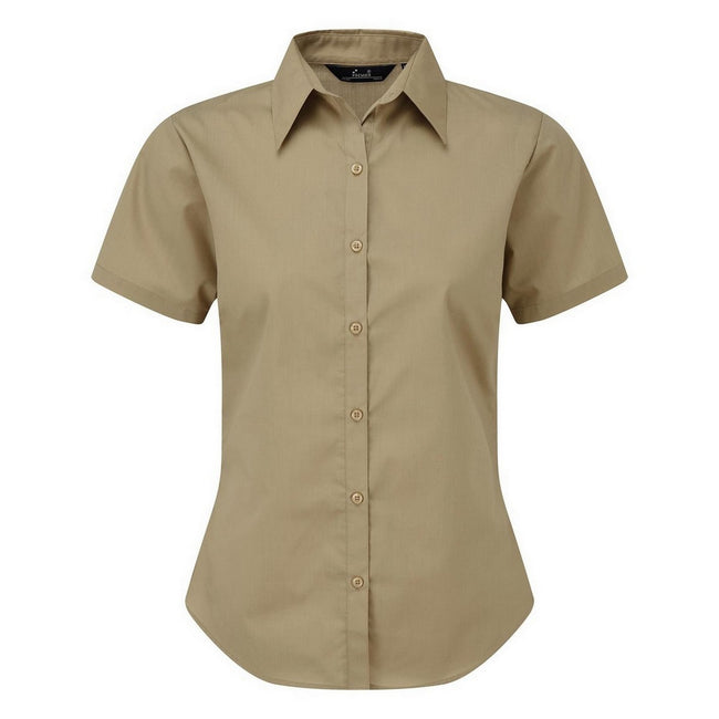 Khaki - Front - Premier Short Sleeve Poplin Blouse - Plain Work Shirt