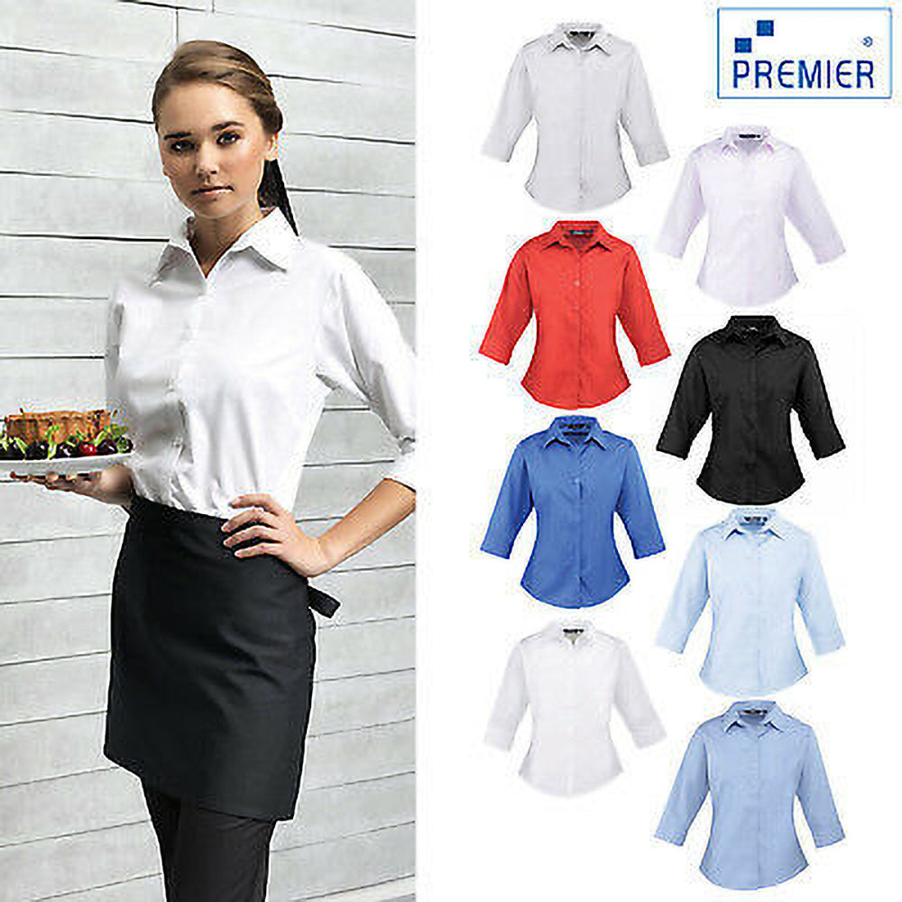 White - Side - Premier Womens-Ladies Poplin 3-4 Sleeve Blouse