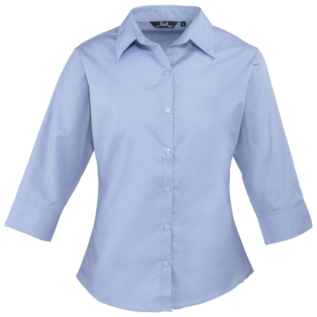 Mid Blue - Front - Premier 3-4 Sleeve Poplin Blouse - Plain Work Shirt