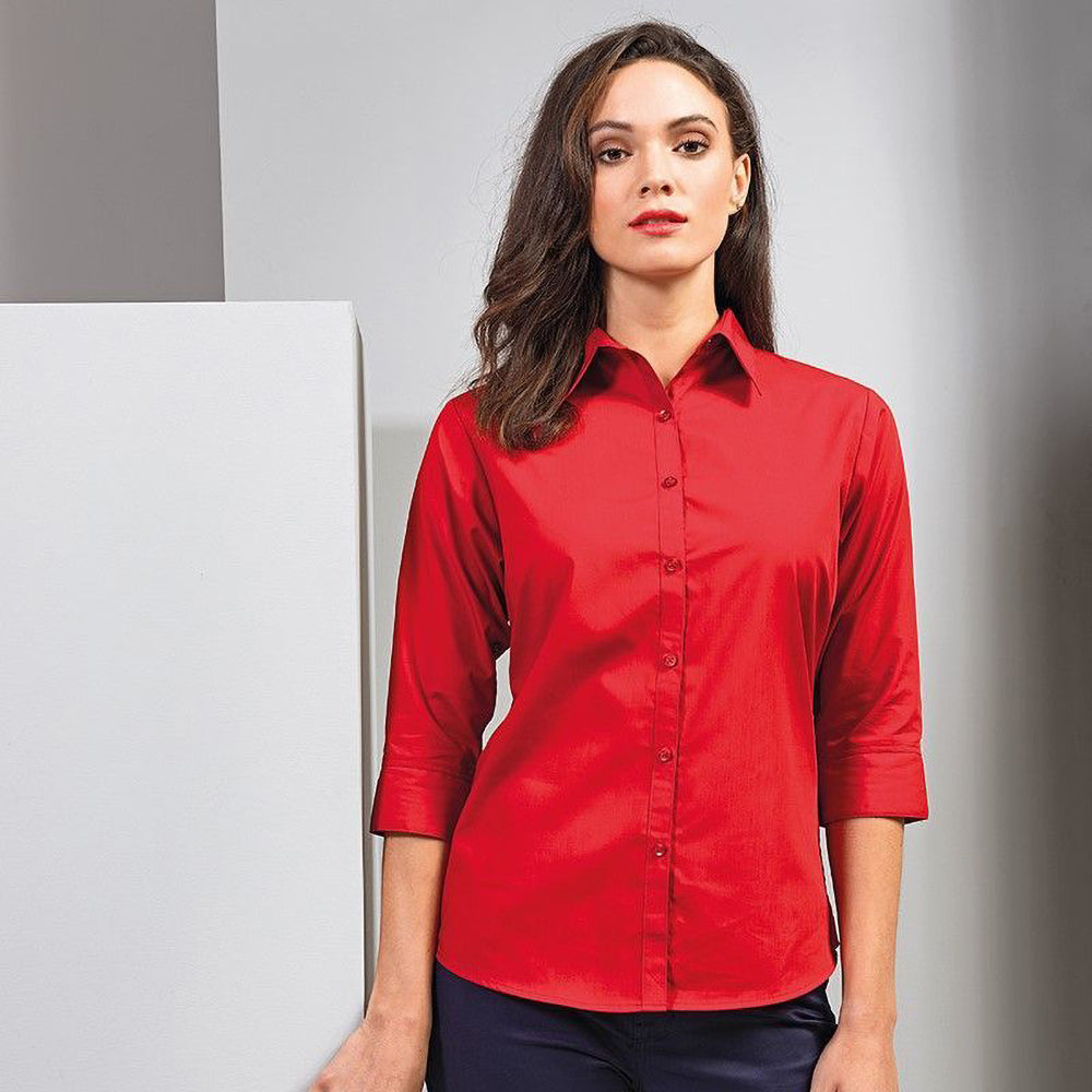 Red - Back - Premier Womens-Ladies Poplin 3-4 Sleeve Blouse