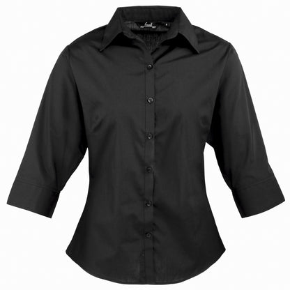 Black - Front - Premier Womens-Ladies Poplin 3-4 Sleeve Blouse