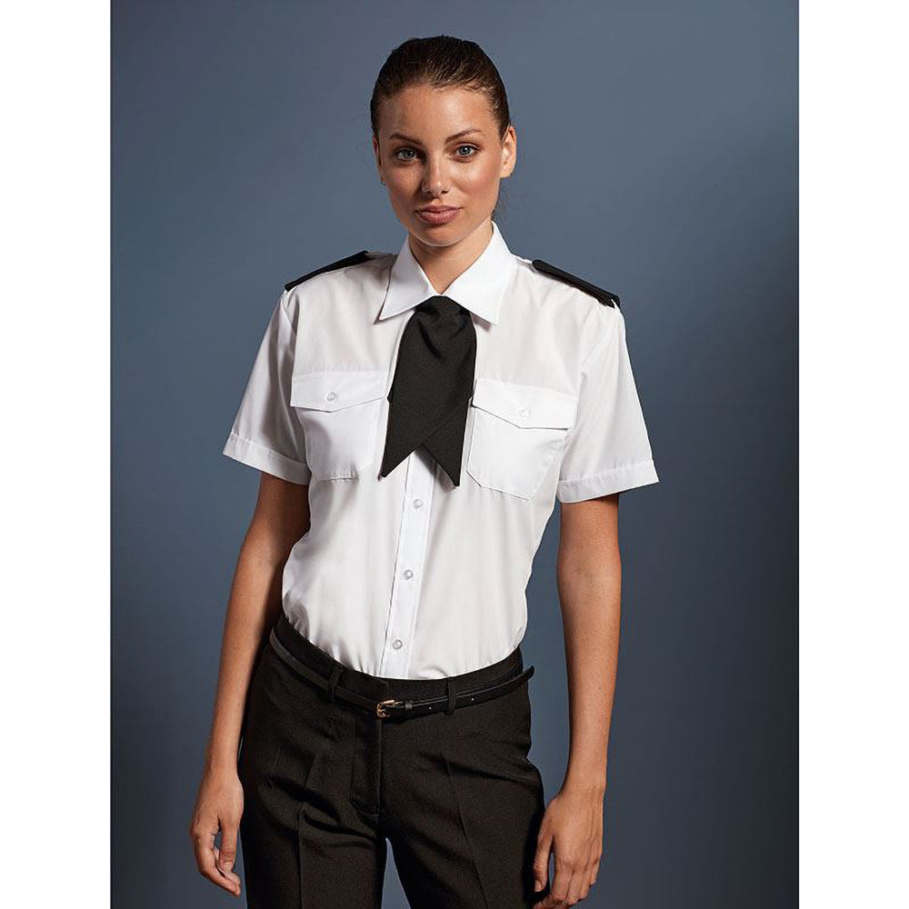 White - Side - Premier Womens-Ladies Short Sleeve Pilot Blouse - Plain Work Shirt