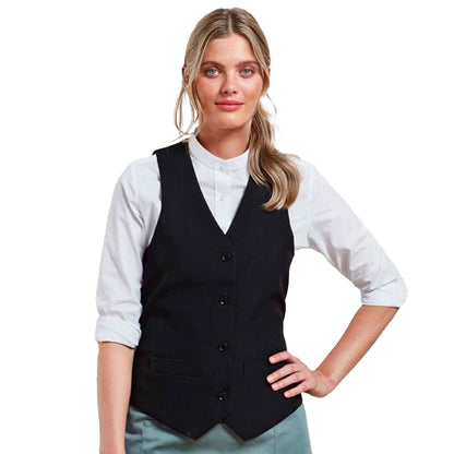 Black - Back - Premier Womens-Ladies Lined Polyester Waistcoat - Bar Wear - Catering