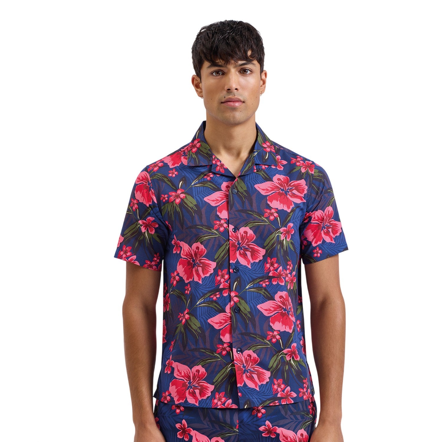 Navy-Pink - Back - Wombat Mens Floral Relaxed Fit Shirt