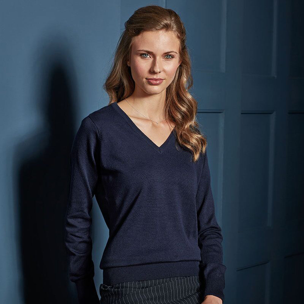Navy - Side - Premier Womens-Ladies V-Neck Knitted Sweater - Top