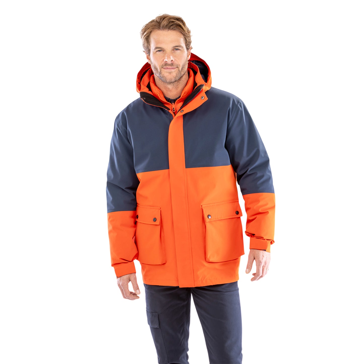 Navy-Orange - Side - Result Recycled Mens 3 in 1 Padded Ripstop Jacket