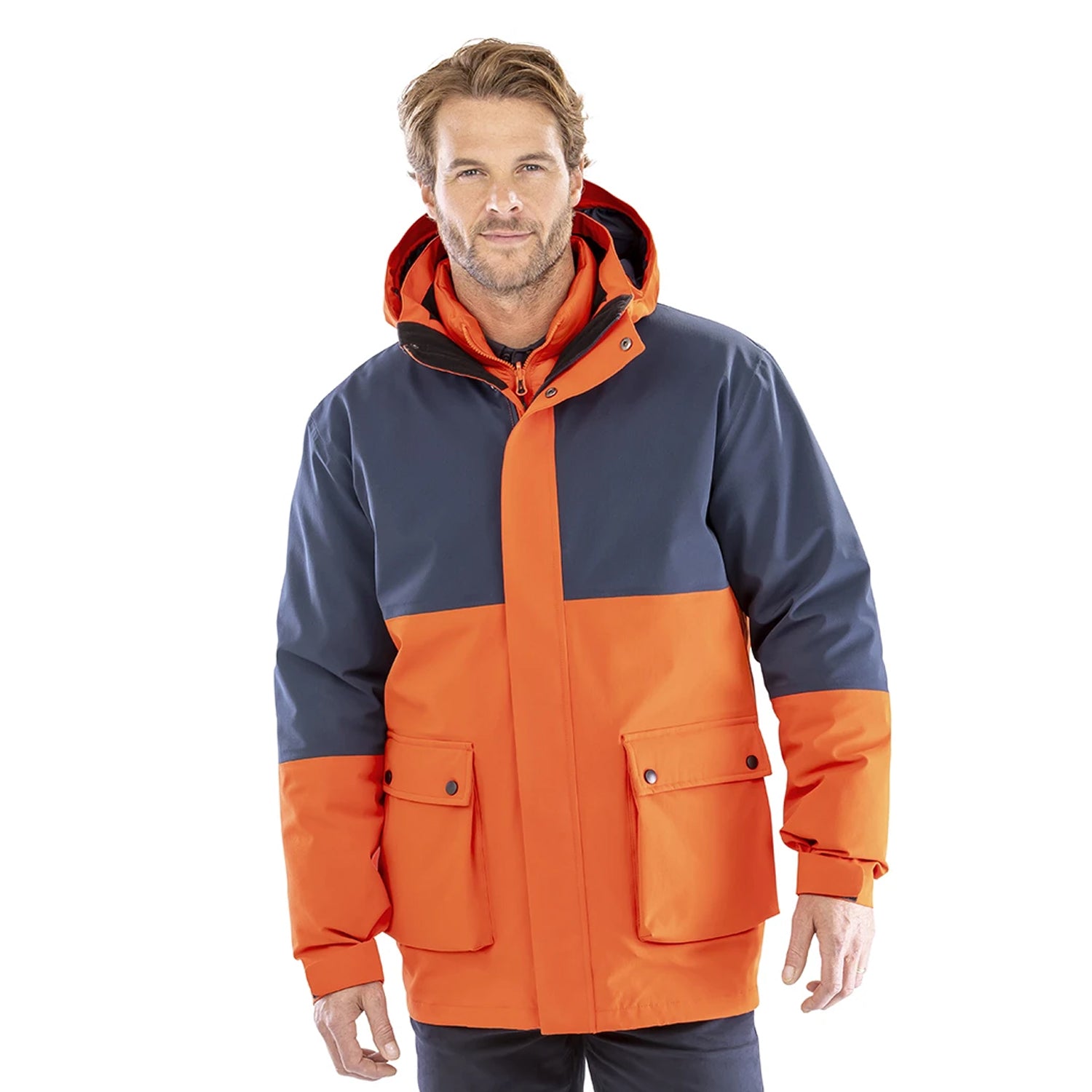 Navy-Orange - Pack Shot - Result Recycled Mens 3 in 1 Ripstop Recycled Padded Jacket