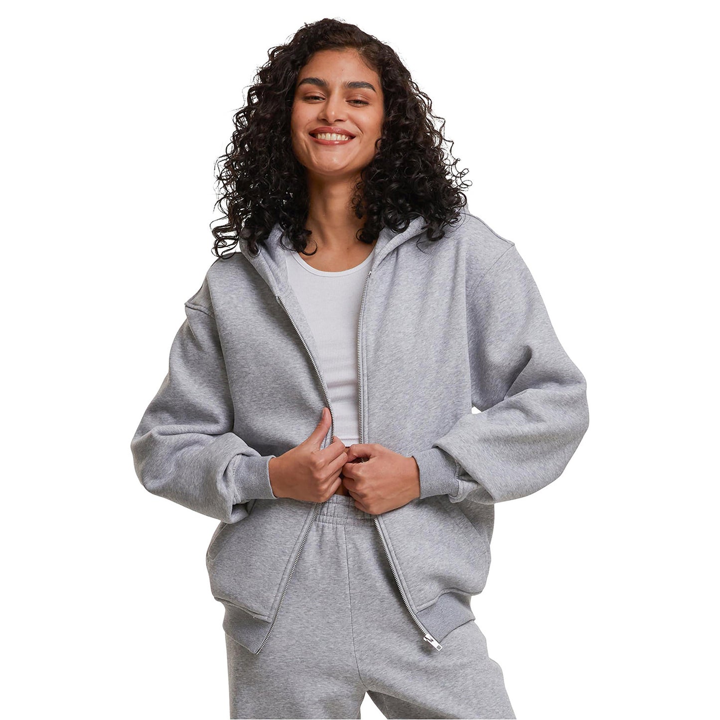 Heather Grey - Back - Build Your Brand Womens-Ladies Loose Fit Full Zip Hoodie