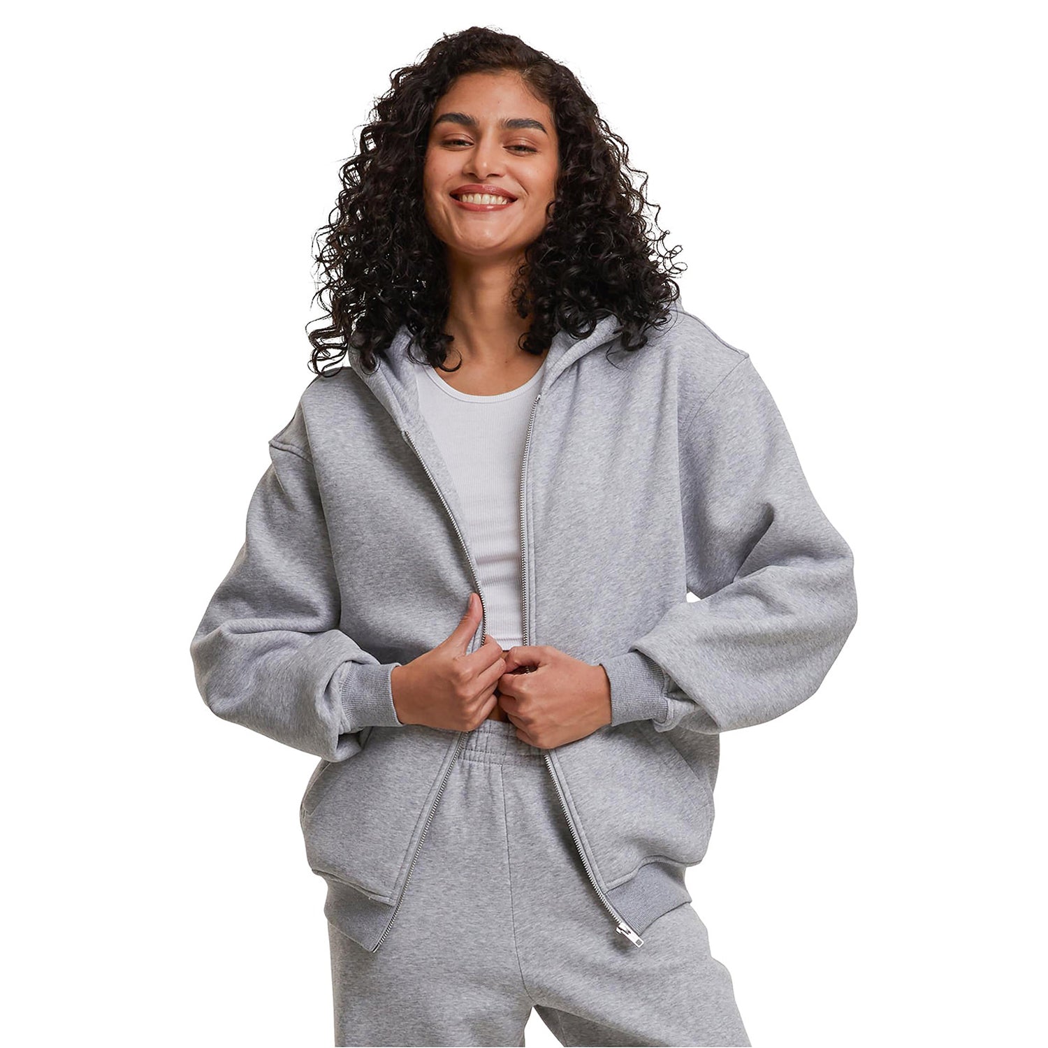 Heather Grey - Back - Build Your Brand Womens-Ladies Loose Fit Full Zip Hoodie