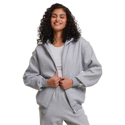 Heather Grey - Back - Build Your Brand Womens-Ladies Loose Fit Full Zip Hoodie