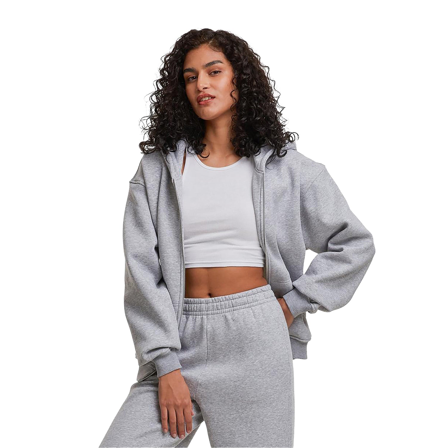Heather Grey - Side - Build Your Brand Womens-Ladies Loose Fit Full Zip Hoodie