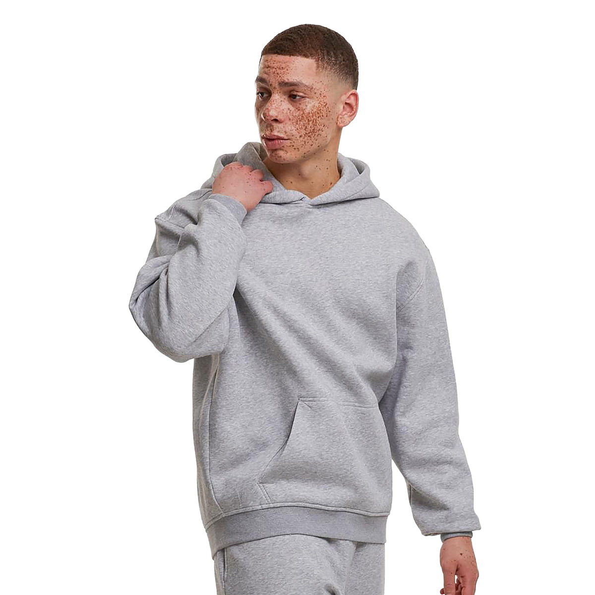 Heather Grey - Side - Build Your Brand Mens Loose Fit Hoodie