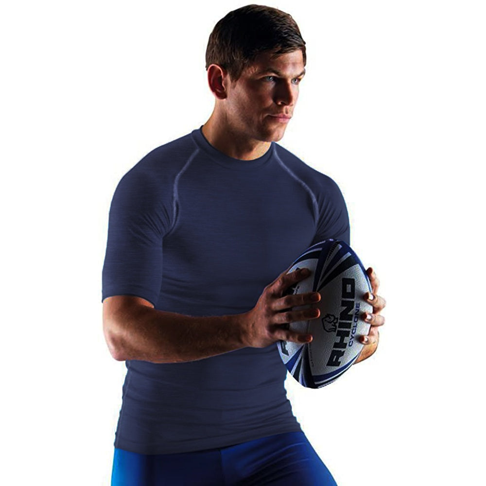 Navy Heather - Back - Rhino Mens Sports Base Layer Short Sleeve T-Shirt