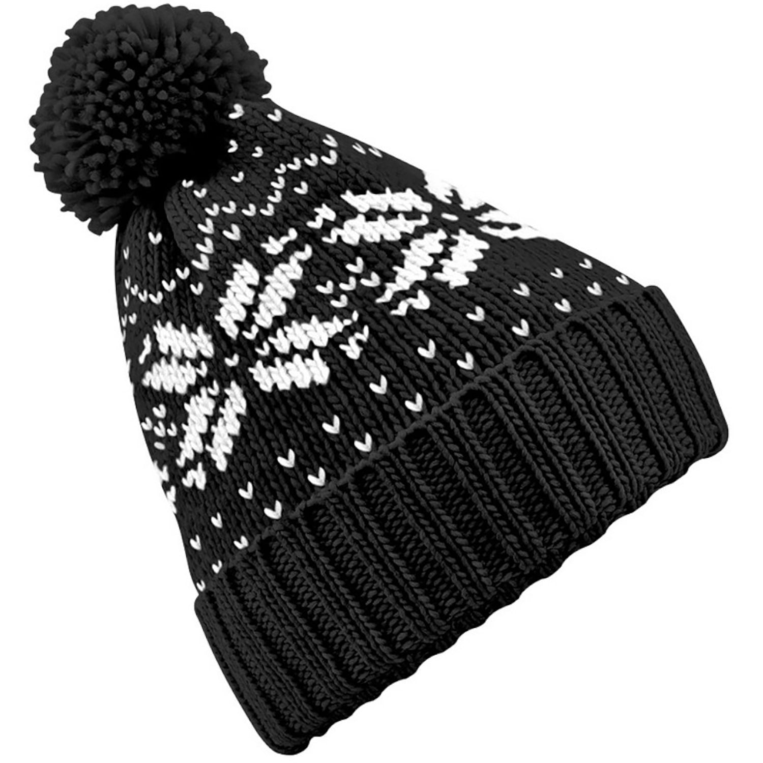 Black - White - Front - Beechfield Unisex Fair Isle Snowstar Winter Beanie Hat