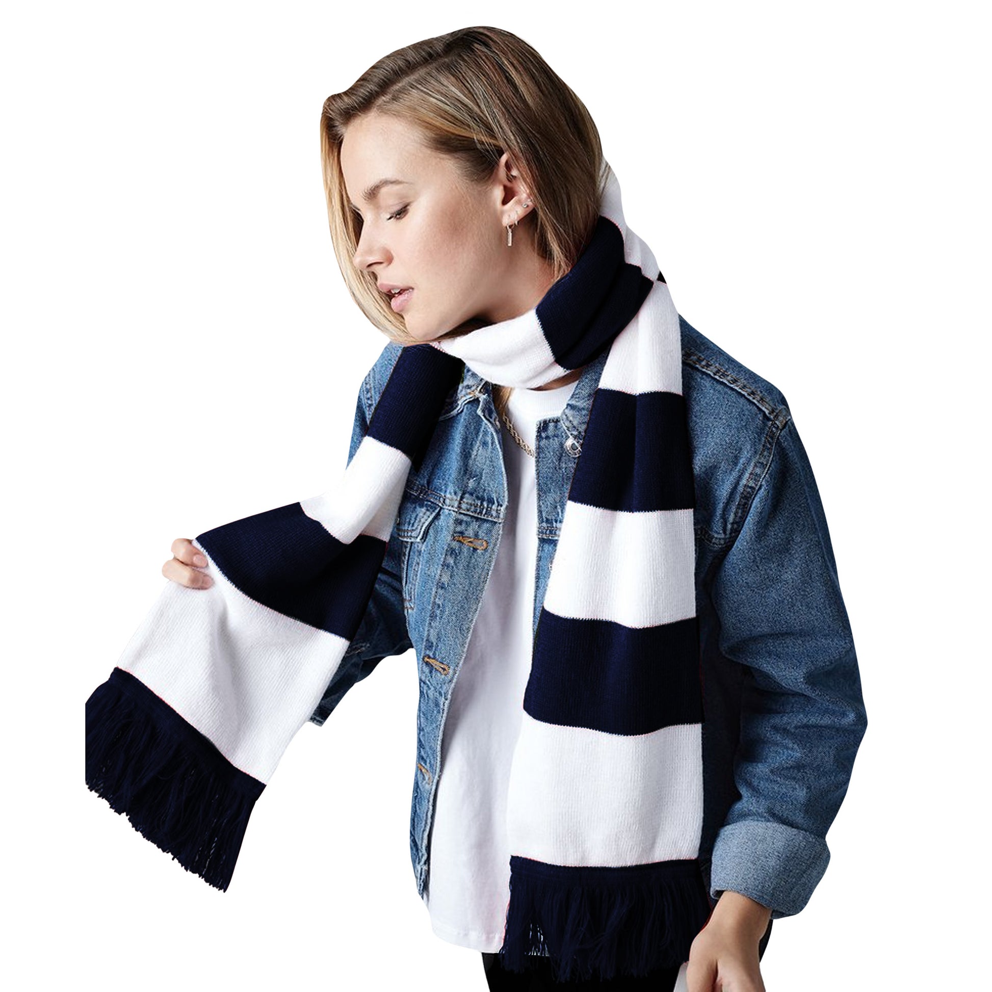 French Navy - White - Back - Beechfield Varsity Unisex Winter Scarf (Double Layer Knit)