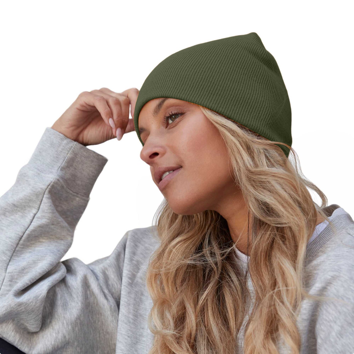 Olive Green - Side - Beechfield Plain Basic Knitted Winter Beanie Hat