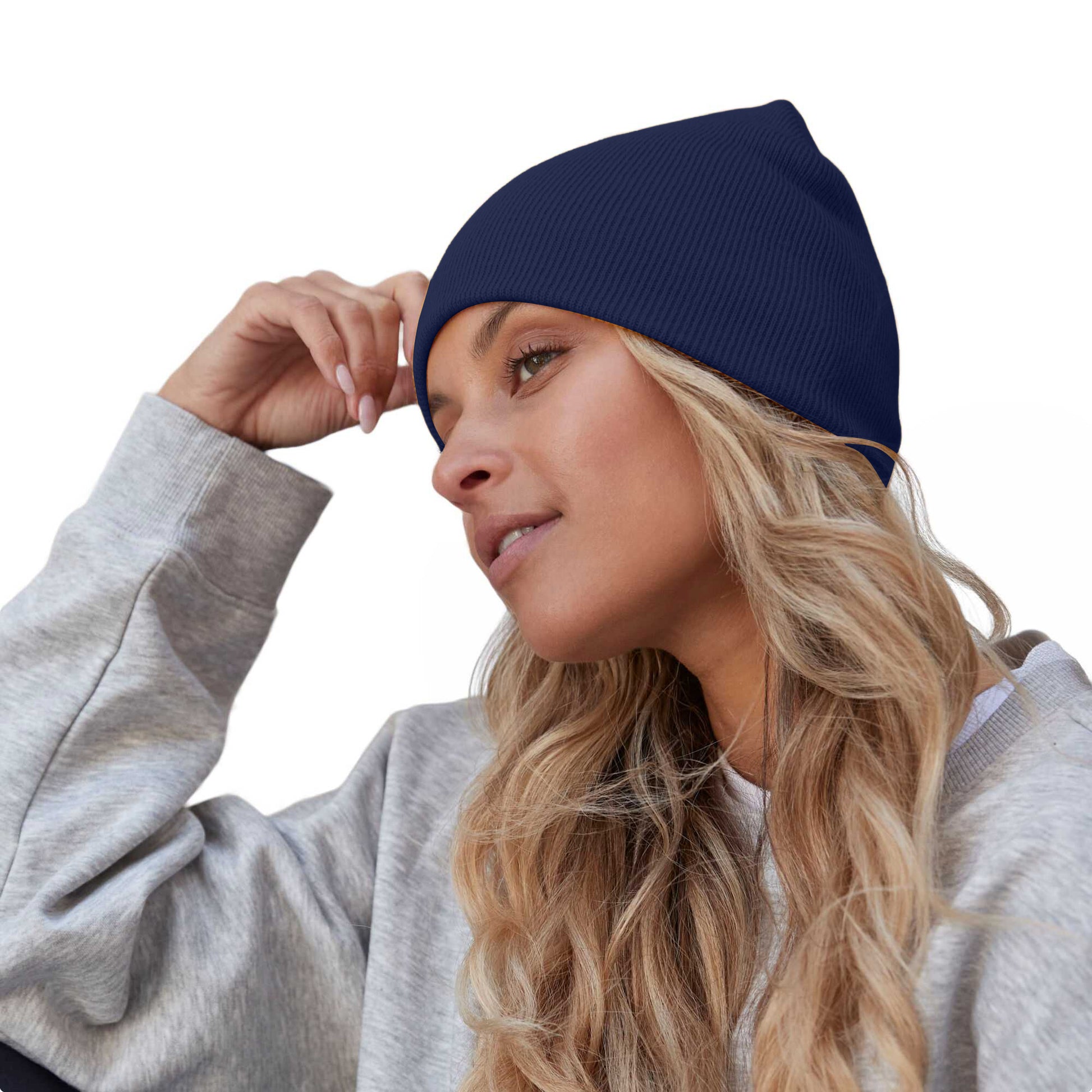 Oxford Navy - Side - Beechfield Plain Basic Knitted Winter Beanie Hat