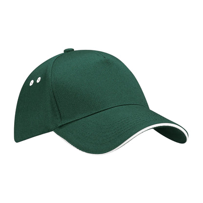 Bottle Green-White - Front - Beechfield Unisex Ultimate 5 Panel Contrast Baseball Cap With Sandwich Peak - Headwear