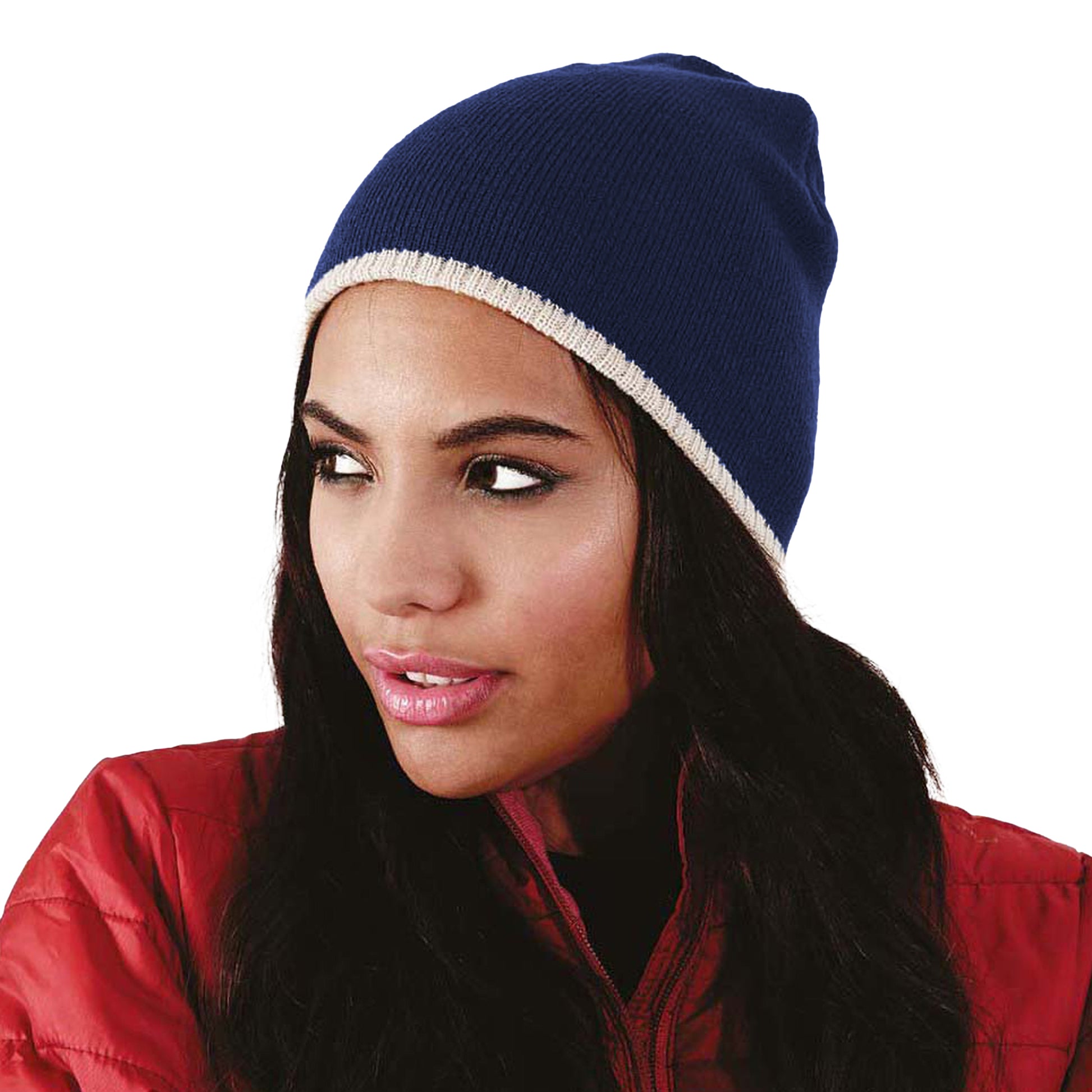 French Navy-Stone - Back - Beechfield Unisex Two-Tone Knitted Winter Beanie Hat