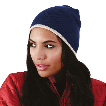 French Navy-Stone - Back - Beechfield Unisex Two-Tone Knitted Winter Beanie Hat