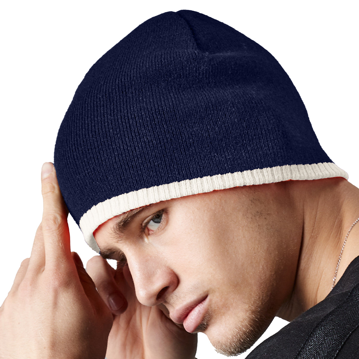 French Navy-Stone - Side - Beechfield Unisex Two-Tone Knitted Winter Beanie Hat