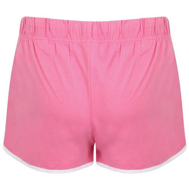 Bright Pink- White - Side - Skinni Fit Womens-Ladies Retro Training - Fitness Sports Shorts