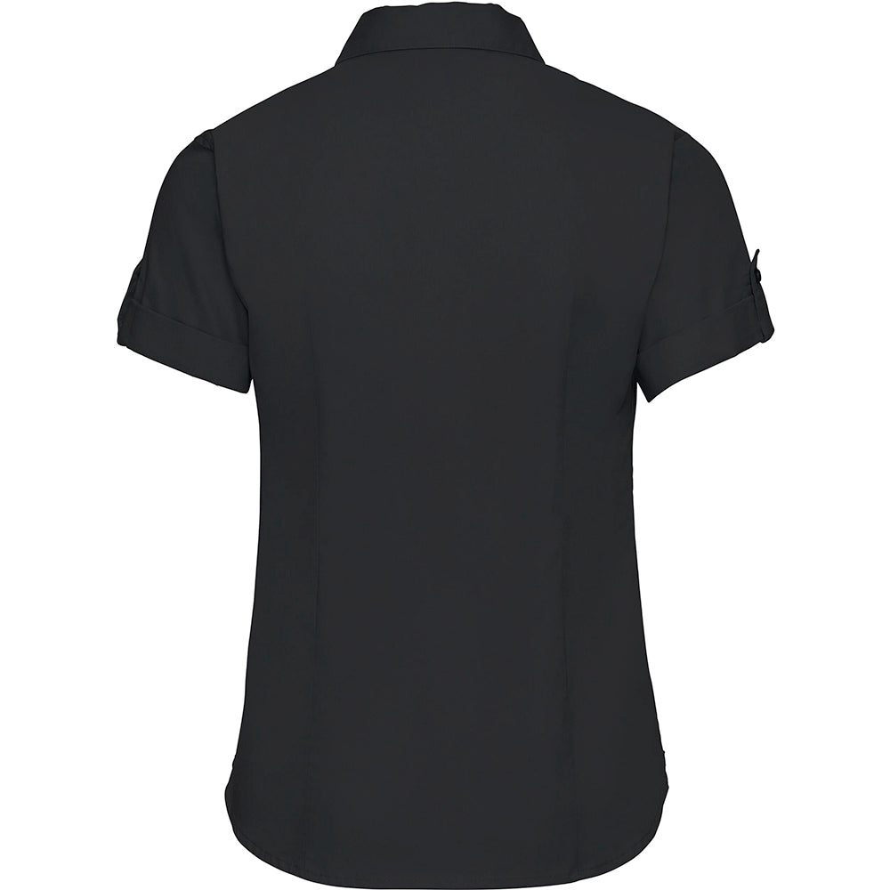 Black - Back - Russell Collection Womens-Ladies Short - Roll-Sleeve Work Shirt