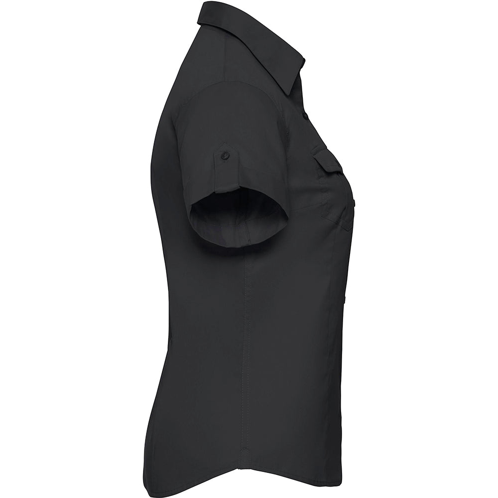 Black - Side - Russell Collection Womens-Ladies Short - Roll-Sleeve Work Shirt