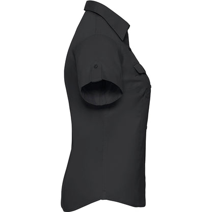 Black - Side - Russell Collection Womens-Ladies Short - Roll-Sleeve Work Shirt