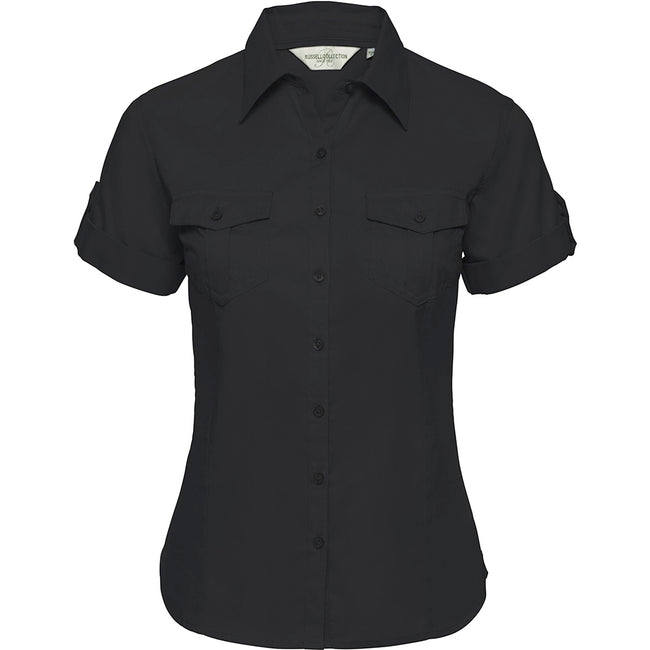 Black - Front - Russell Collection Womens-Ladies Short - Roll-Sleeve Work Shirt