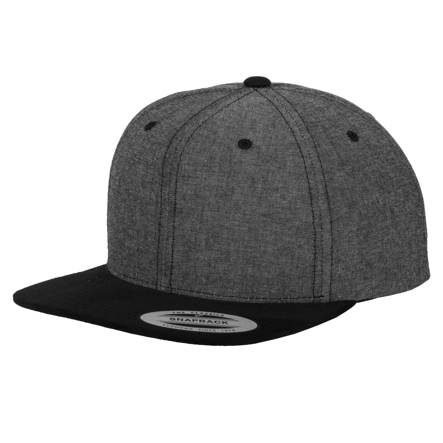 Black-Black - Front - Yupoong Flexfit Unisex Chambray-Suede Snapback Cap