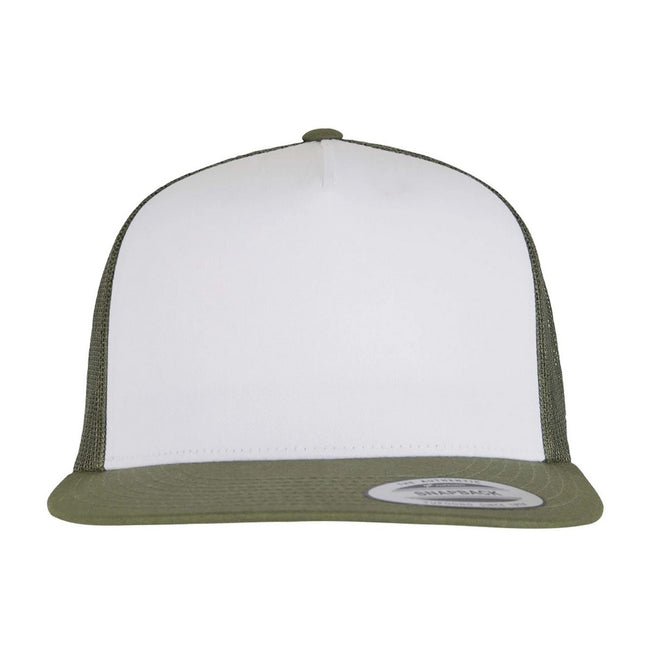 Olive-White-Loden - Front - Yupoong Flexfit Unisex Classic Trucker Snapback Cap