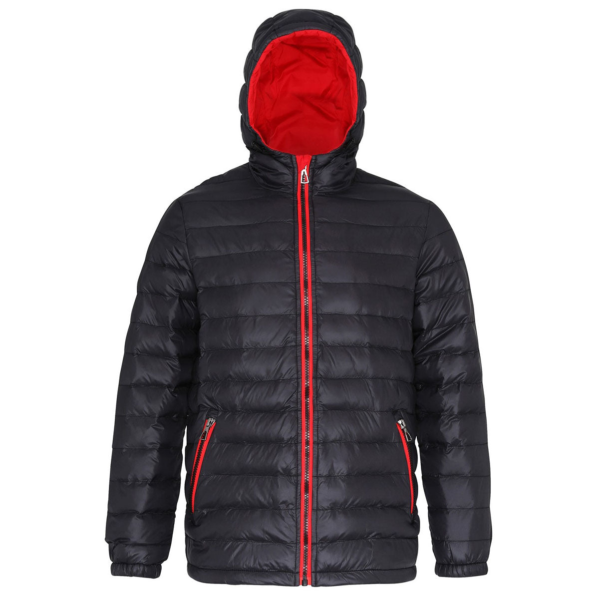 Black-Red - Front - 2786 Mens Hooded Water & Wind Resistant Padded Jacket