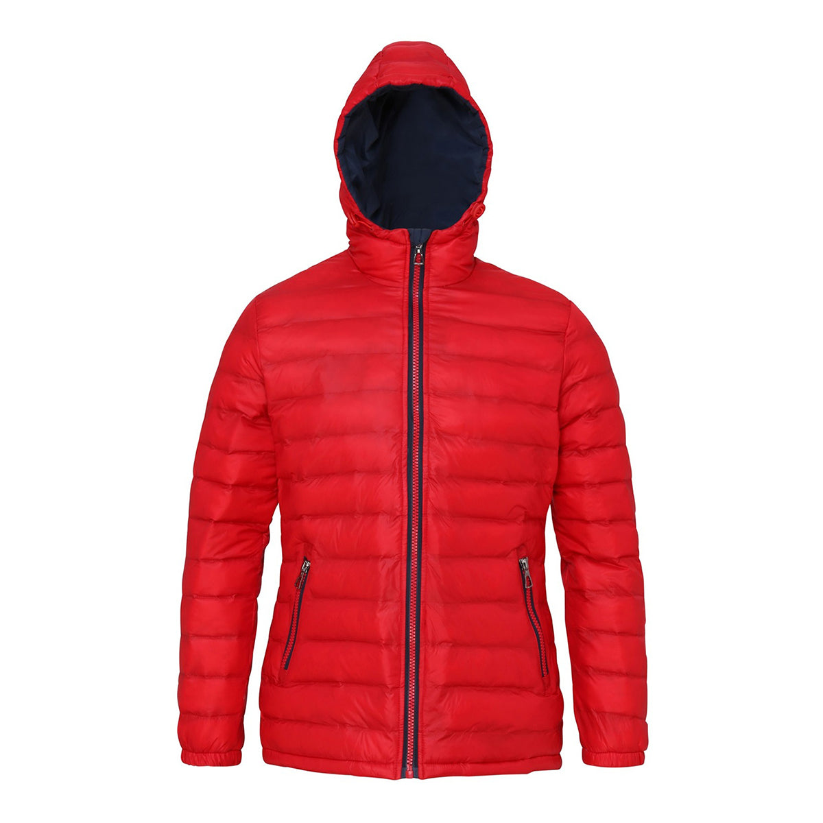 Red-Navy - Front - 2786 Womens-Ladies Hooded Water & Wind Resistant Padded Jacket