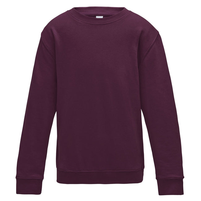 Burgundy - Front - AWDis Just Hoods Childrens-Kids Plain Crew Neck Sweatshirt