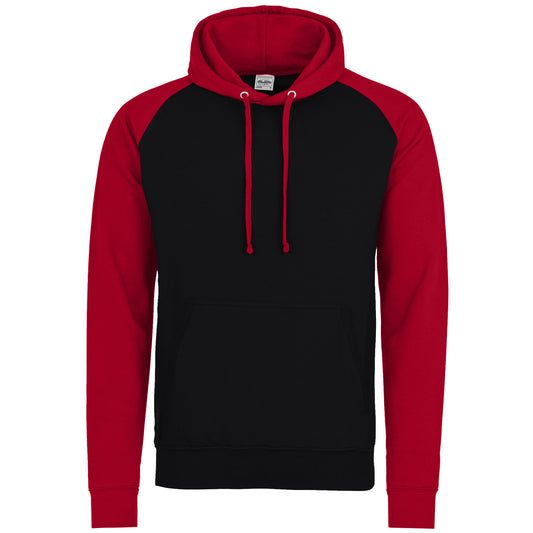 Jet Black-Fire Red - Front - Awdis Just Hoods Adults Unisex Two Tone Hooded Baseball Sweatshirt-Hoodie