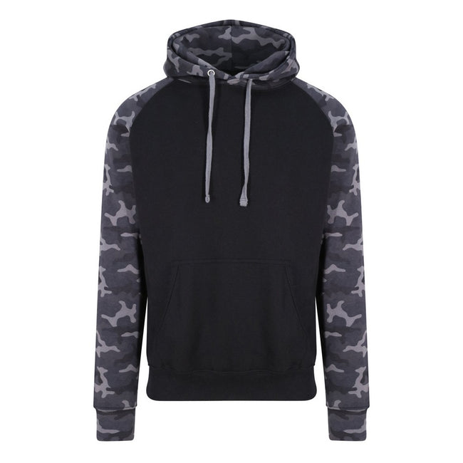 Solid Black- Black Camo - Front - Awdis Just Hoods Adults Unisex Two Tone Hooded Baseball Sweatshirt-Hoodie