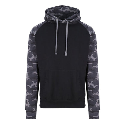 Solid Black- Black Camo - Front - Awdis Just Hoods Adults Unisex Two Tone Hooded Baseball Sweatshirt-Hoodie