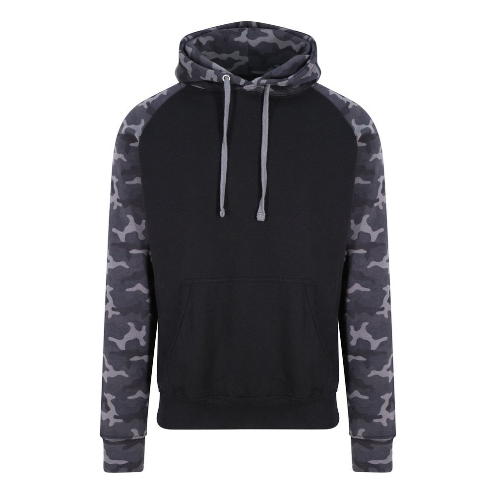 Solid Black- Black Camo - Front - Awdis Just Hoods Adults Unisex Two Tone Hooded Baseball Sweatshirt-Hoodie