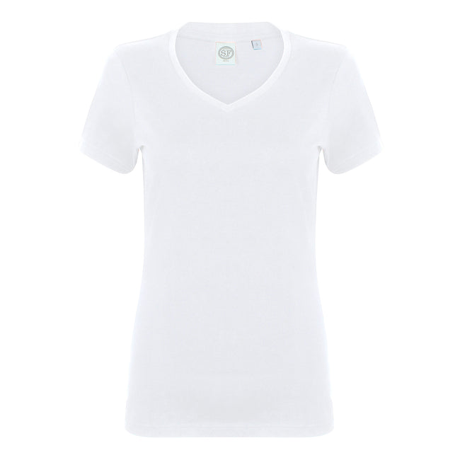 White - Front - Skinni Fit Womens-Ladies Feel Good Stretch V-Neck Short Sleeve T-Shirt