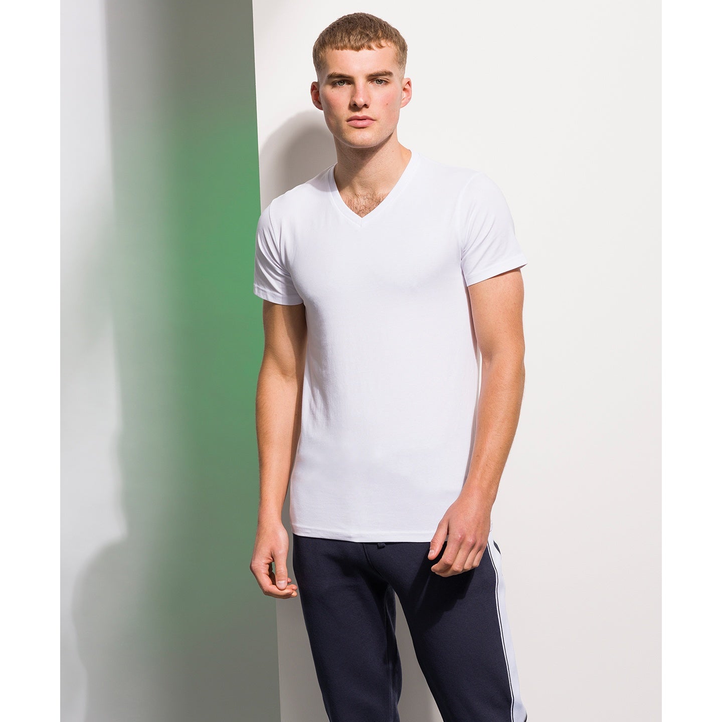 White - Back - Skinni Fit Men Mens Feel Good Stretch V-neck Short Sleeve T-Shirt