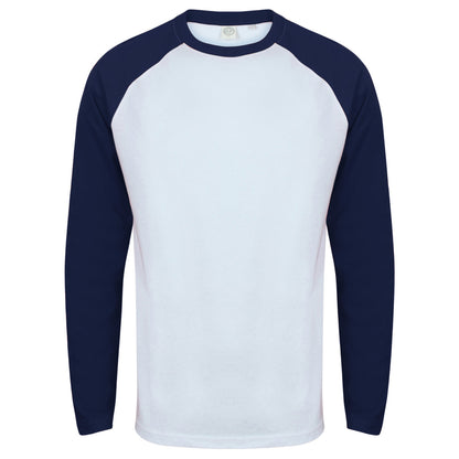 White - Oxford Navy - Front - Skinnifit Mens Raglan Long Sleeve Baseball T-Shirt