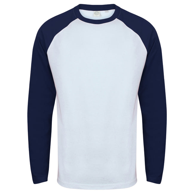 White - Oxford Navy - Front - Skinnifit Mens Raglan Long Sleeve Baseball T-Shirt