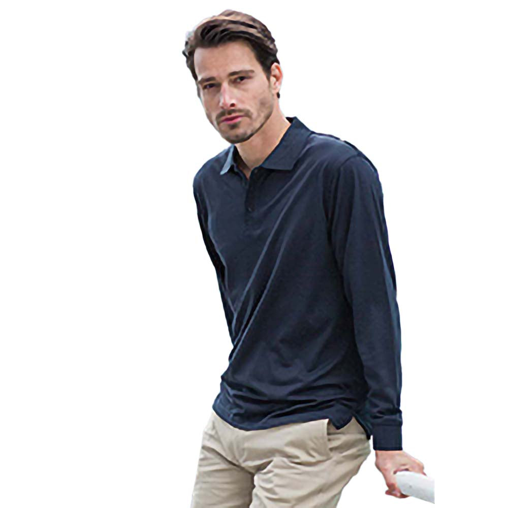 Navy - Back - Henbury Mens Coolplus Moisture Wicking Long Sleeve Polo Shirt